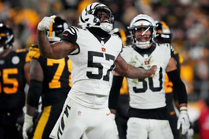 Cincinnati Bengals linebacker Germaine Pratt (57) celebrates a tackle for loss in the third quarter during a Week 11 NFL game against the Pittsburgh Steelers, Sunday, Nov. 20, 2022, at Acrisure Stadium in Pittsburgh, Pa. The Cincinnati Bengals won, 37-30. Nfl Cincinnati Bengals At Pittsburgh Steelers Nov 20 0083